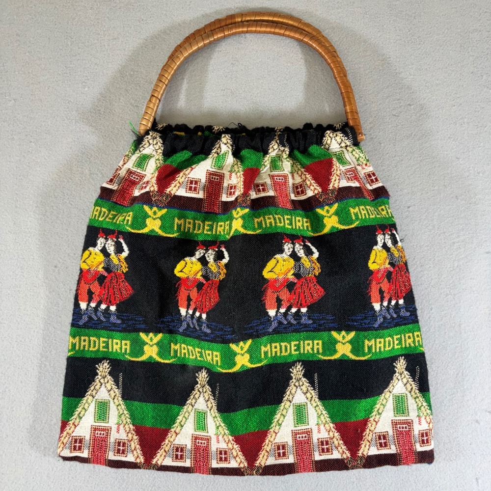 Vintage Madeira Portugal Woven Tapestry Souvenir Handbag Folk Art Rattan Handle